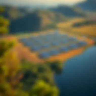 Aerial view of a solar farm with surrounding natural habitat