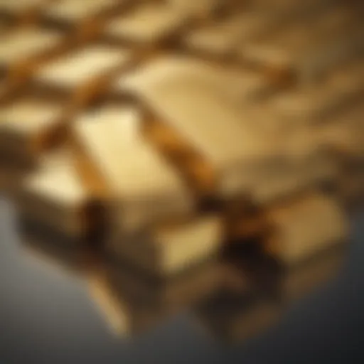 Gold bullion bars stacked with a reflective surface showing their luster